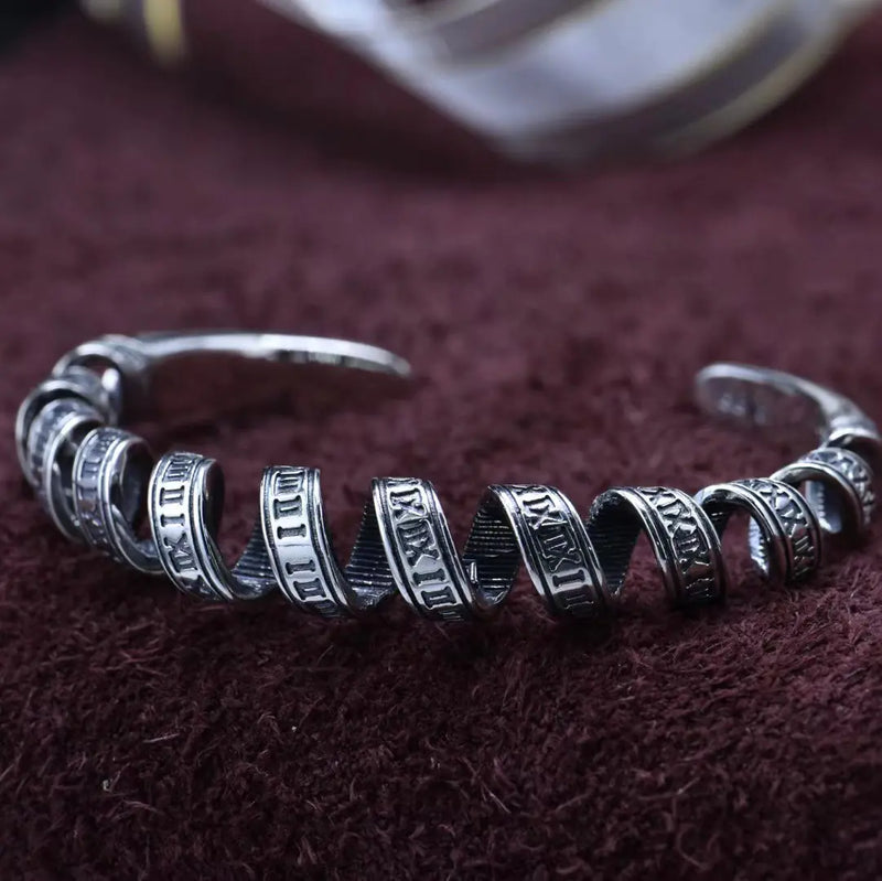 "TWISTED TIME" ROMAN NUMERAL STERLING SILVER BRACELET